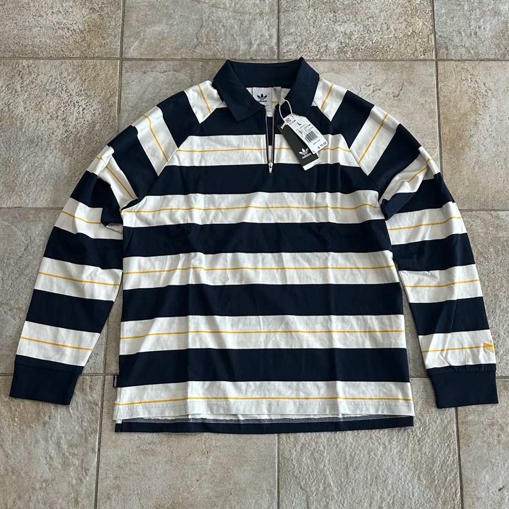 Sold! adidas Navy, White & Yellow Striped Rugby Polo